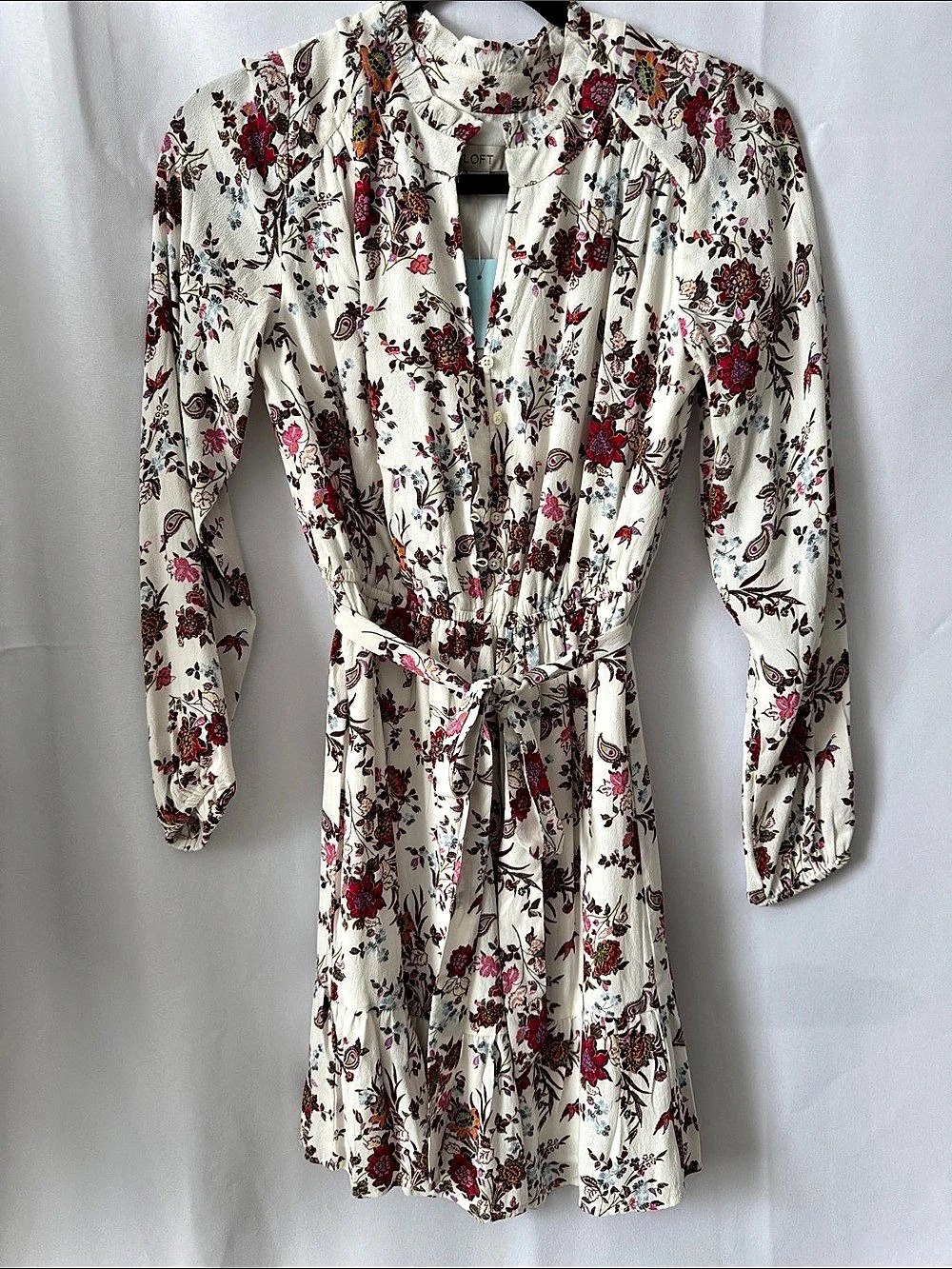 LOFT Floral Long Sleeve Mini Dress White Red XXS Petite NWT